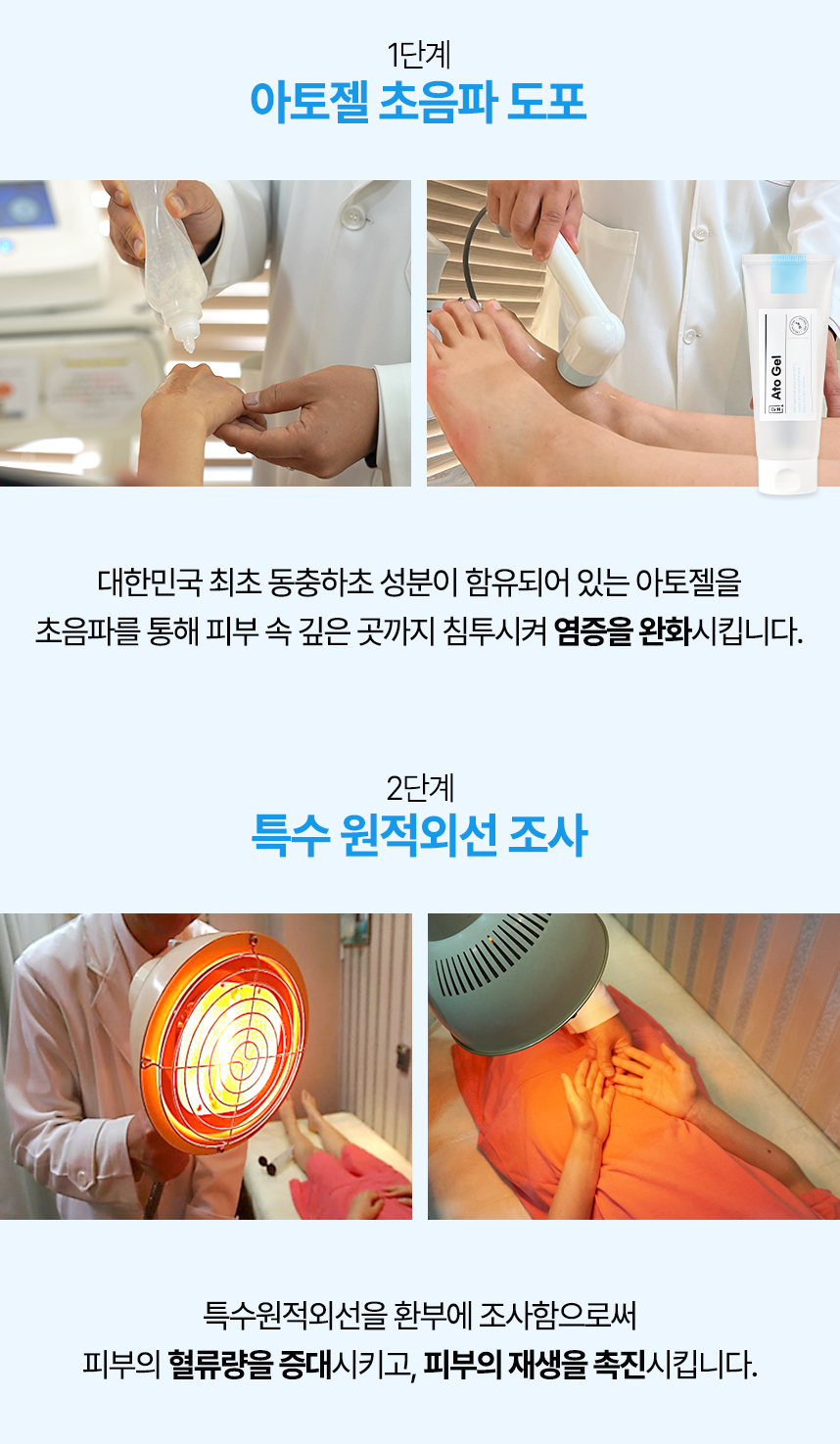 1단계 아토젤 초음파 도포, 2단계 특수 원적외선 조사