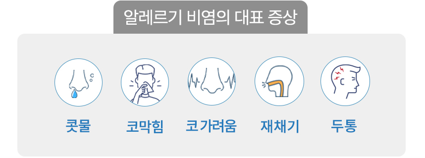비염의 대표 증상 : 콧물, 코막힘, 코 가려움, 재채기, 두통