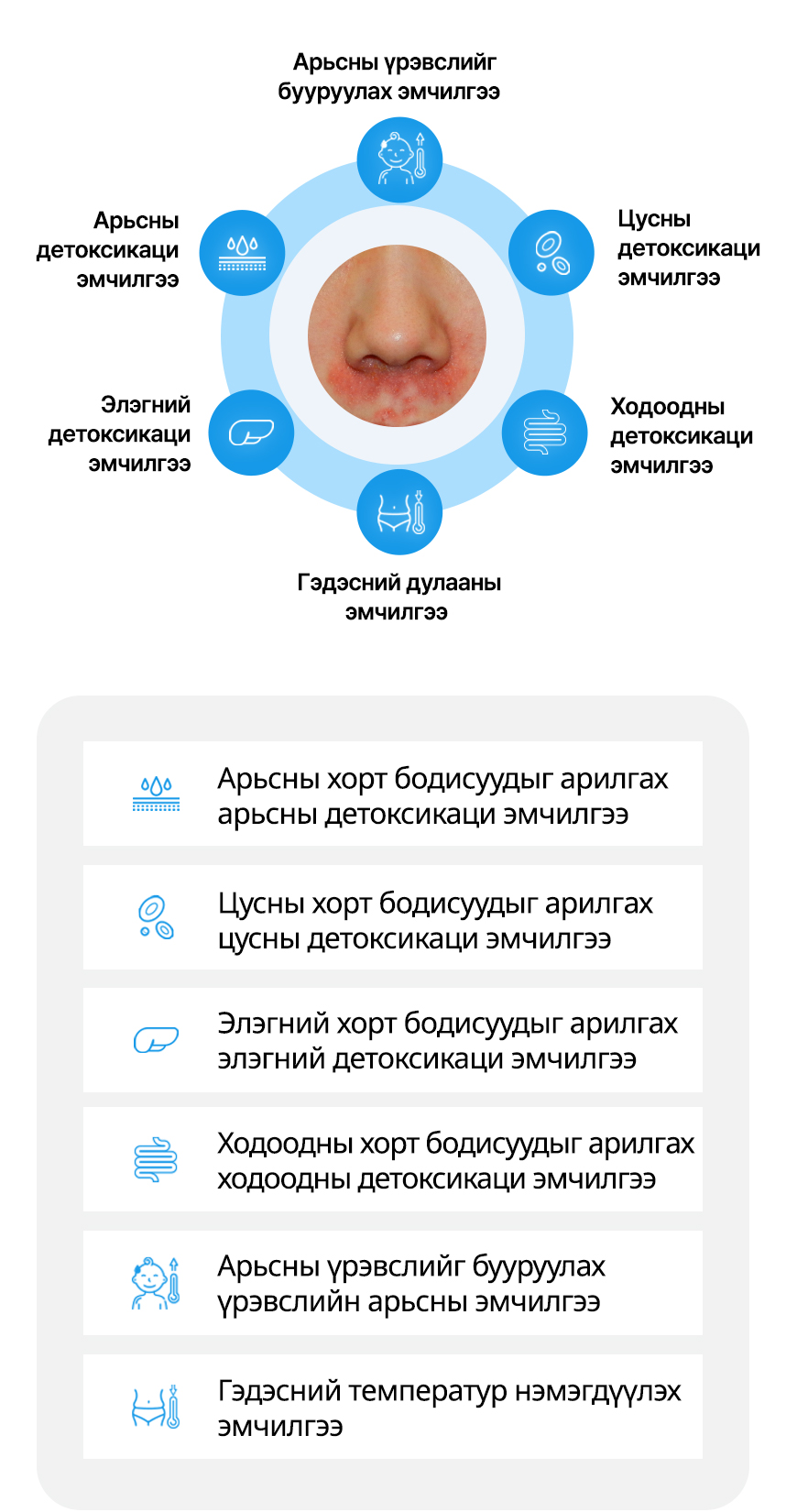 Арьсны детоксикаци эмчилгээ, Цусны детоксикаци эмчилгээ, Элэгний детоксикаци эмчилгээ, Ходоодны детоксикаци эмчилгээ, Арьсны үрэвслийг бууруулах эмчилгээ, Гэдэсний дулааны эмчилгээ 