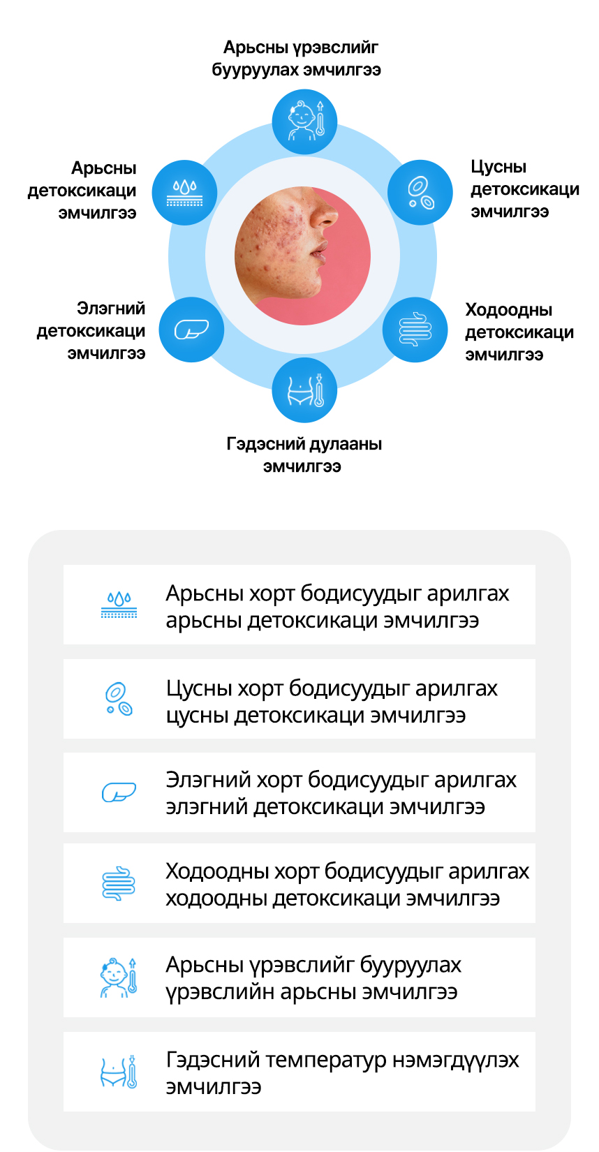 Арьсны детоксикаци эмчилгээ, Цусны детоксикаци эмчилгээ, Элэгний детоксикаци эмчилгээ, Ходоодны детоксикаци эмчилгээ, Арьсны үрэвслийг бууруулах эмчилгээ, Гэдэсний дулааны эмчилгээ 